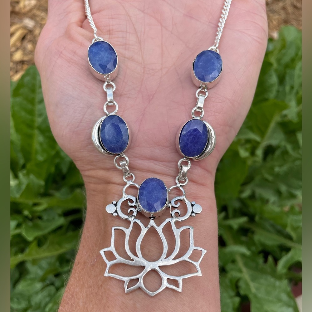 😵925 Sterling silver lapis lazuli Blue Saphire Lotus Zen flower necklace choker